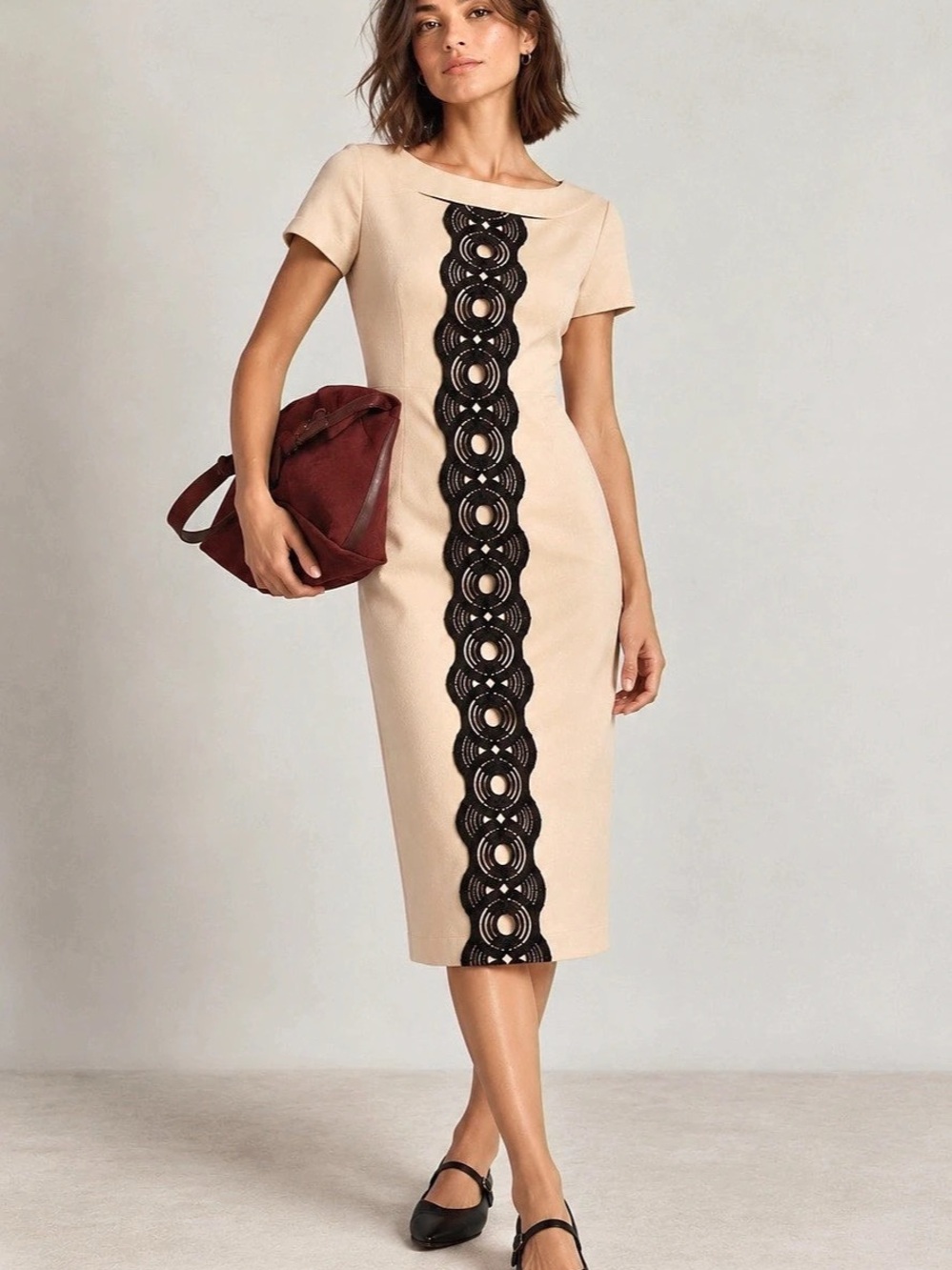 Boden Dress US 10L UK 14L Cream Black Embroidered Geometric Midi Shift Dress